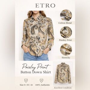 Etro Size 8 M 44 Paisley Print Button Down Shirt Cotton Blend Stretchy